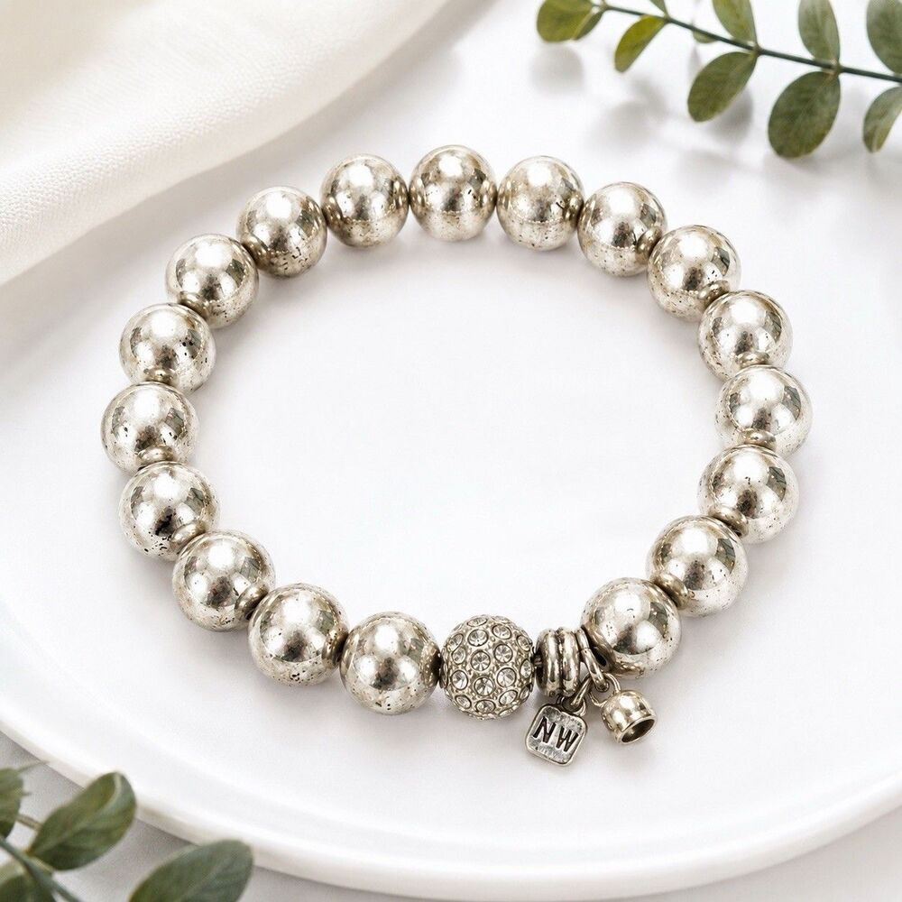 Silver Tone Beaded Stretch Bracelet Rhinestone Pave Ball Charm Chunky Y2K 6.5"